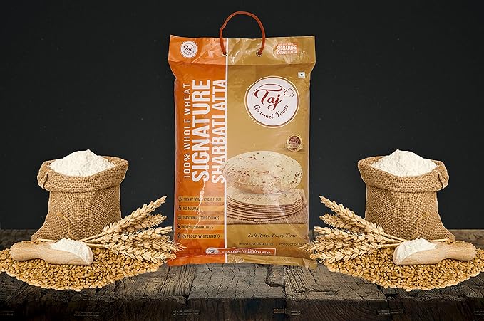 TAJ Signature Sharbati Atta 10lbs (Chakki Atta - Stone Ground) 100% Whole Wheat Flour Chappati Flour