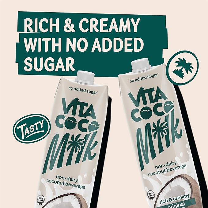 Vita Coco Original Organic Coconut MilkPlant BasedDairy Free Milk Alternative-Gluten FreeSoy-Freeand UnsweetenedNo Added Sugar-Perfect Add to CerealSmoothiesDesserts-33.8 Ounce(Pack of 12)