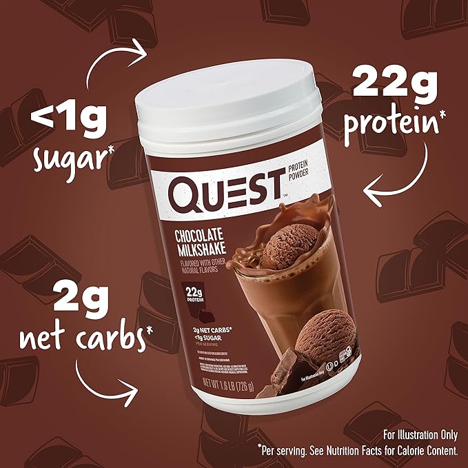 Quest Nutrition Chocolate Milkshake Protein Powder 22g Protein 2g Net Carbs 1g Sugar Low Carb Gluten Free 1.6 Pound 24 Servings