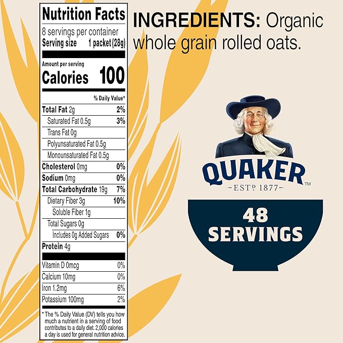 Quaker Instant Oatmeal USDA Organic Non-GMO Project Verified Original Individual Packets 8 Count (Pack of 6)