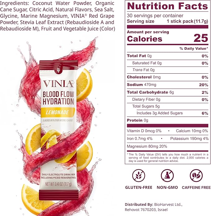 VINIA Resveratrol Electrolyte Hydration Powder Mix | Boost Blood Flow &amp Circulation | Sea Salt Coconut Water Potassium Magnesium Informed Sport Certified (30 Sticks Lemonade)