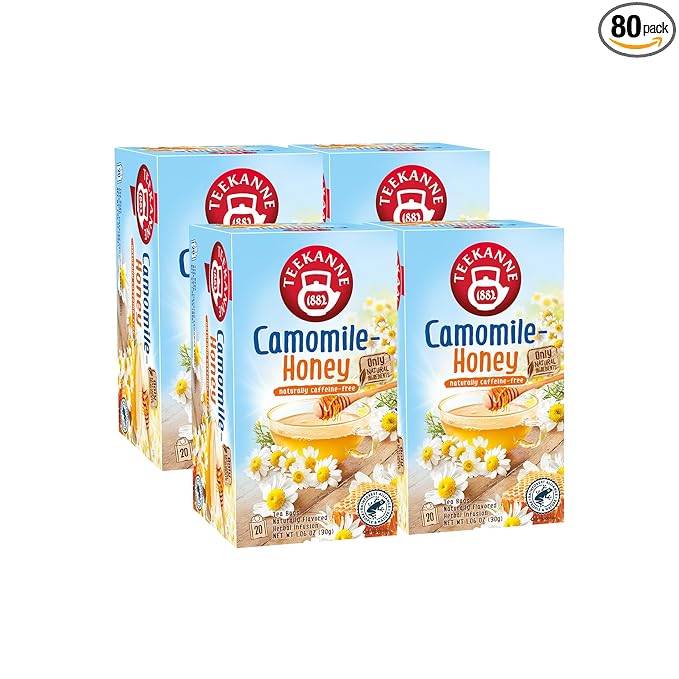 Teekanne Camomile Honey Tea Herbal Tea Caffeine Free Naturally Flavored Classic Herbal Tea with 20 Individually Wrapped Tea Bags Per Box Soothing Delicious Beverage Pack of 4