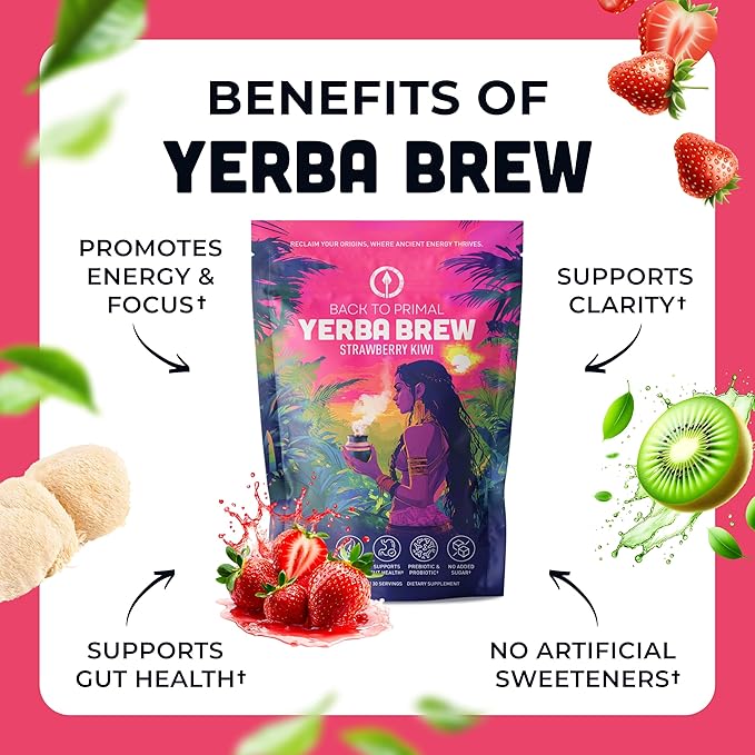 Yerba Mate Instant Tea Powder – Zero Sugar Drink with Nootropics Prebiotics &amp Probiotics for Clean Energy &amp Focus – Coffee Alternative for Mental Clarity &amp Gut Health Support - Strawberry