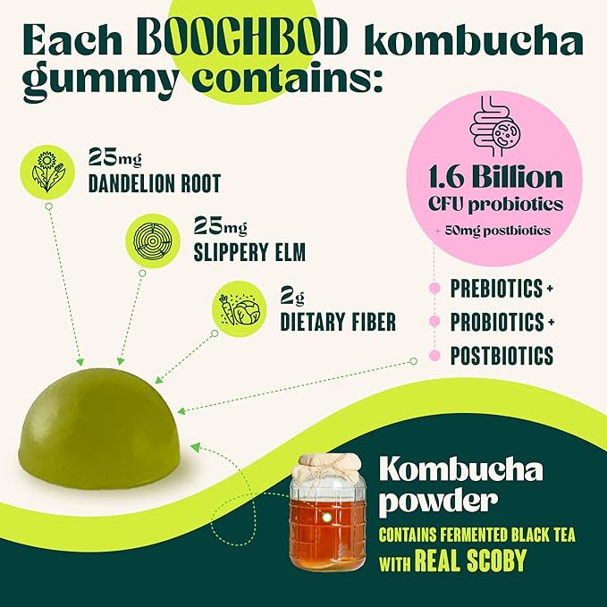 Probiotic Kombucha Gummy - Prebiotics Probiotics Postbiotics Fiber Supplement Slippery Elm Dandelion Root for Bloating Gut Health - for Women and Men - Lemon Lime (Lemon Lime)