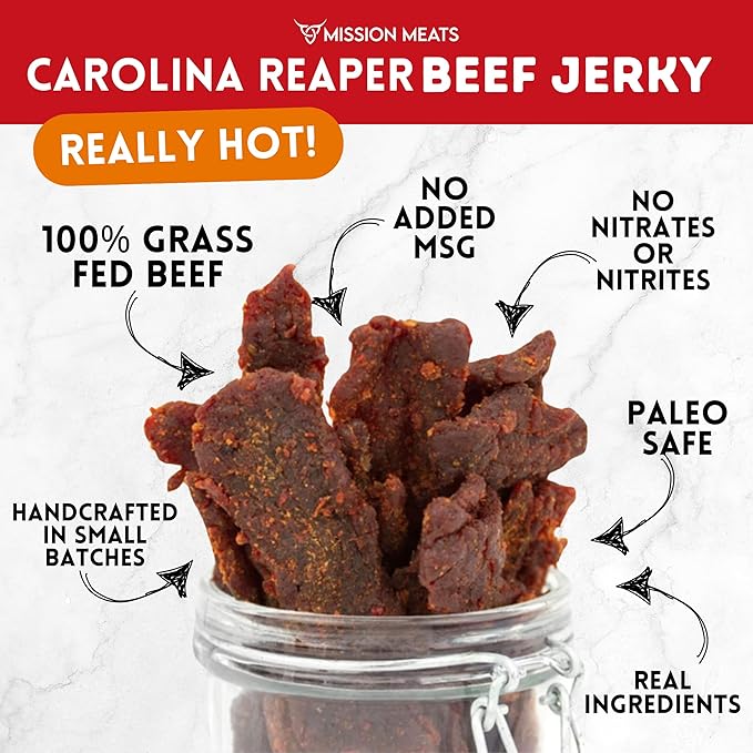 Mission Meats Carolina Reaper Jerky from 100% Grass Fed &amp Pasture Raised Beef Caution: Extremely Spicy Small Batch Hand Crafted Gluten Free 2oz (Pack of 6)