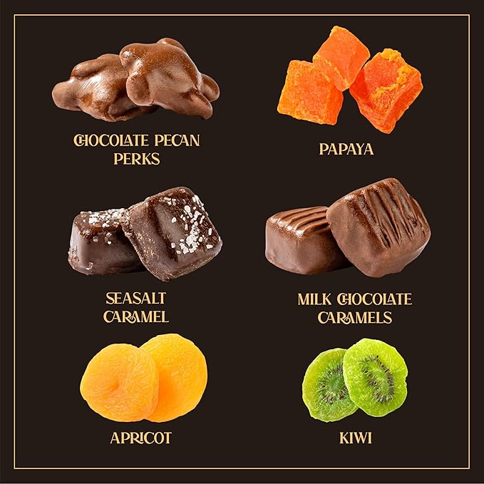 12-Pack Snackberry Premium Fruit &amp Chocolate Gift Box – Assortment with Chocolate Pecans Dried Apricots Kiwi Slices Papaya Sea Salt Caramels &amp Milk Chocolate Caramels – Perfect for Gifting