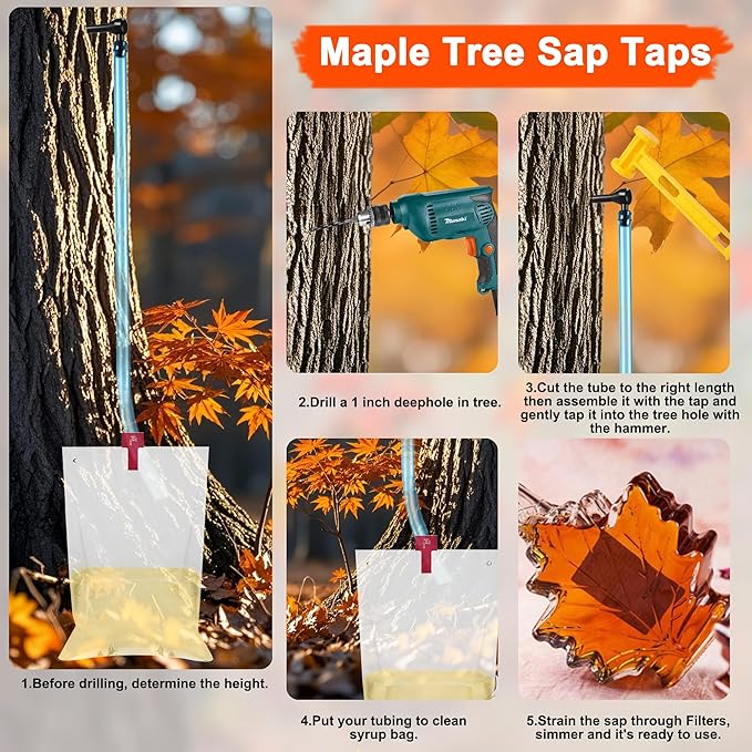 Maple Syrup Tree Tapping Kit with 8L Bags 10 Maple Sap Taps 10 Food Grade 3ft Tubing 10 Bags 5 Syrup Filters Maple Birch Walnut Sugaring Starter Supplies Collection Gift for Experts or Beginners