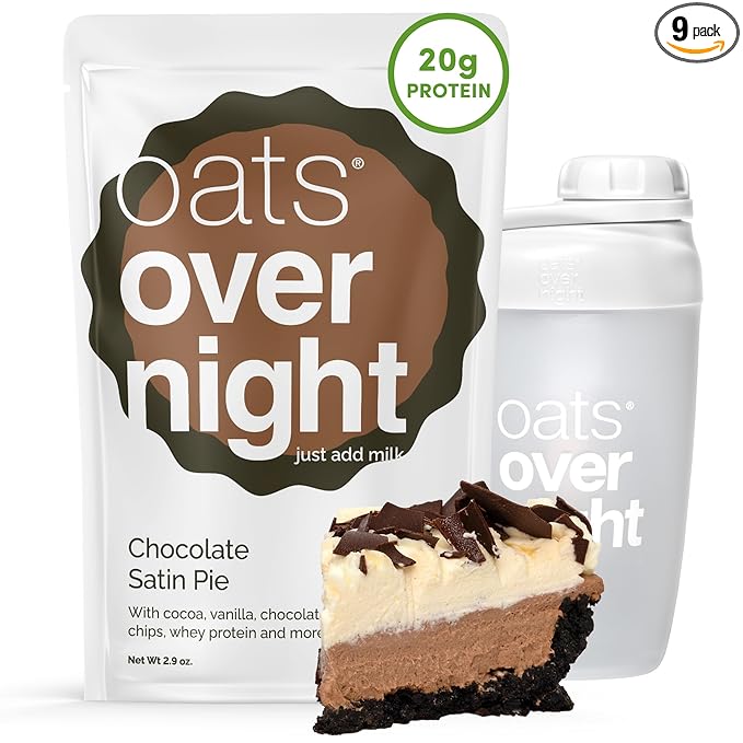 Oats Overnight Chocolate Satin Pie - Overnight Oats with 20g Whey Protein High Fiber Breakfast Protein Shake - Gluten Free Oatmeal Non GMO High Protein Oatmeal (2.9 oz per Meal) (8 Pack + Bottle)