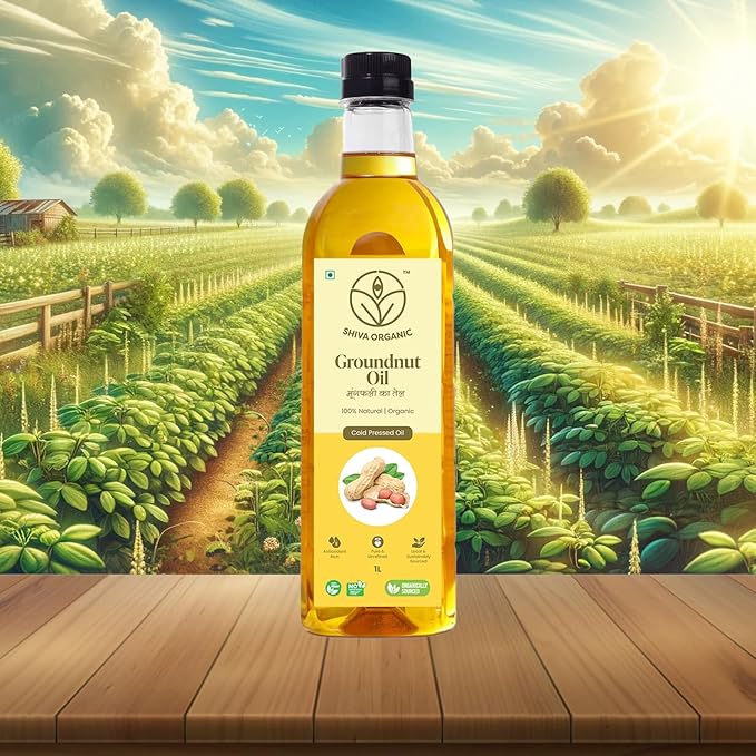 Shiva Organic Cold-Pressed Groundnut Oil - 100% Natural Certified Organic - 1L (33.8 fl oz) for Cooking Frying and Healthy Living