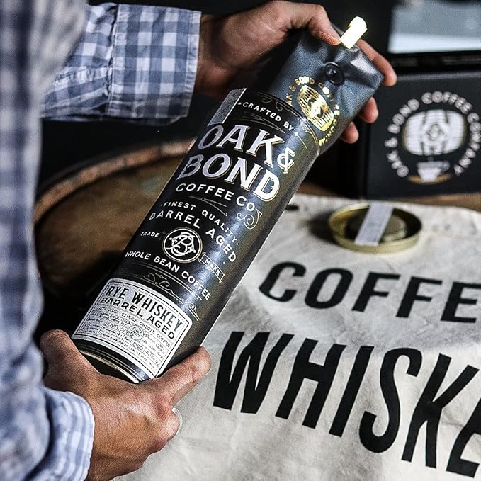 Rye Whiskey Barrel Aged Coffee Costa Rica Single Origin Small Family Farm Whole Coffee Bean Medium Roast w/Flavor Notes of Cocoa Almond Sweet Rye Green Apple by Oak &amp Bond Coffee Co. – 10oz.