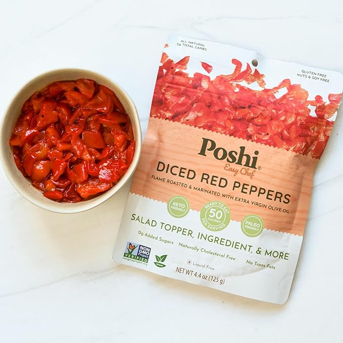 POSHI Diced Red Peppers - Flame-Roasted and Marinated with Extra Virgin Olive Oil - Liquid-Free Ready-to-Use Ingredient No Artificial Preservatives - Gluten-Free Keto Vegan Non-GMO 6 pack 4.4oz