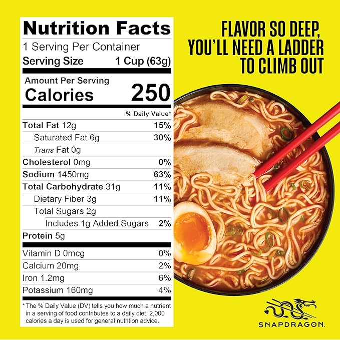 Snapdragon Tonkotsu Ramen Cup Noodles - 6 Pack Instant Ramen Bowl with Authentic Wheat Noodles Soup Sauce Base Flavor and Vege Packs. Microwave or Hot Water Easy Meal Prep