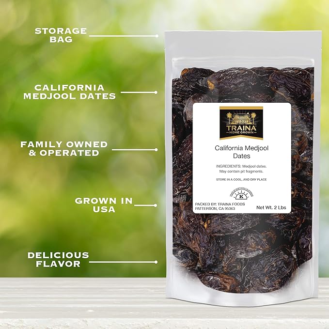 Traina Home Grown California Sun Dried California Medjool Dates - Healthy No Added Sugar Non GMO Gluten Free Kosher Certified Vegan Packed in Resealable Pouch (2 lbs)