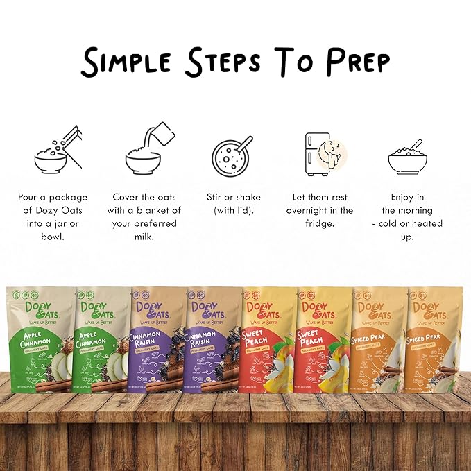 Dozy Oats Overnight Oatmeal Packets Vegan/No Added Sugar Variety Box with Rolled Oats Chia Seeds Date Powder and Dried Fruit. Gluten-Free Natural Source of Protein and Fiber 8-Pack and Jar