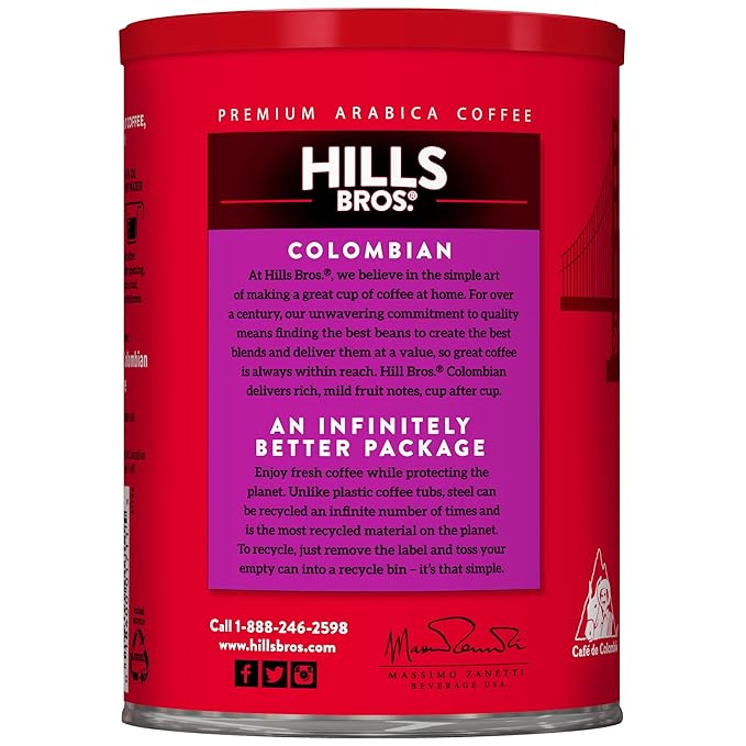 Hills Bros. Colombian Ground Coffee – Premium Arabica Coffee Beans – Dark Roast Rich Flavor Cup After Cup – Recyclable Steel Can for Freshness – Certified Kosher – 10.3oz Can Pack of 6