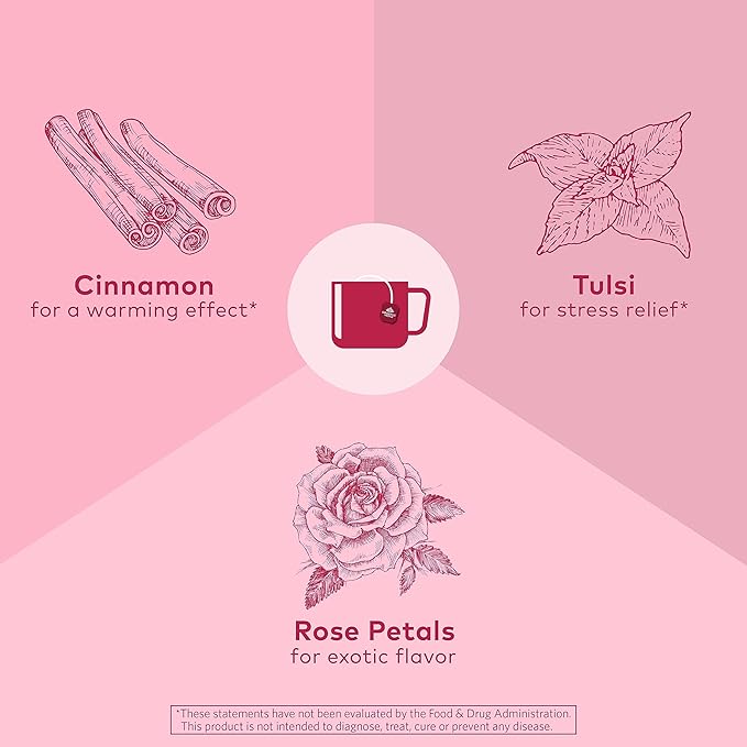 ORGANIC INDIA Tulsi Cinnamon Rose Tea Bags - Tulsi Rose Tea Bags Cinnamon Tea Bags with Holy Basil Chamomile Stevia USDA Certified Organic Caffeine Free Herbal Tea - 18 Infusion Bags 6 Pack
