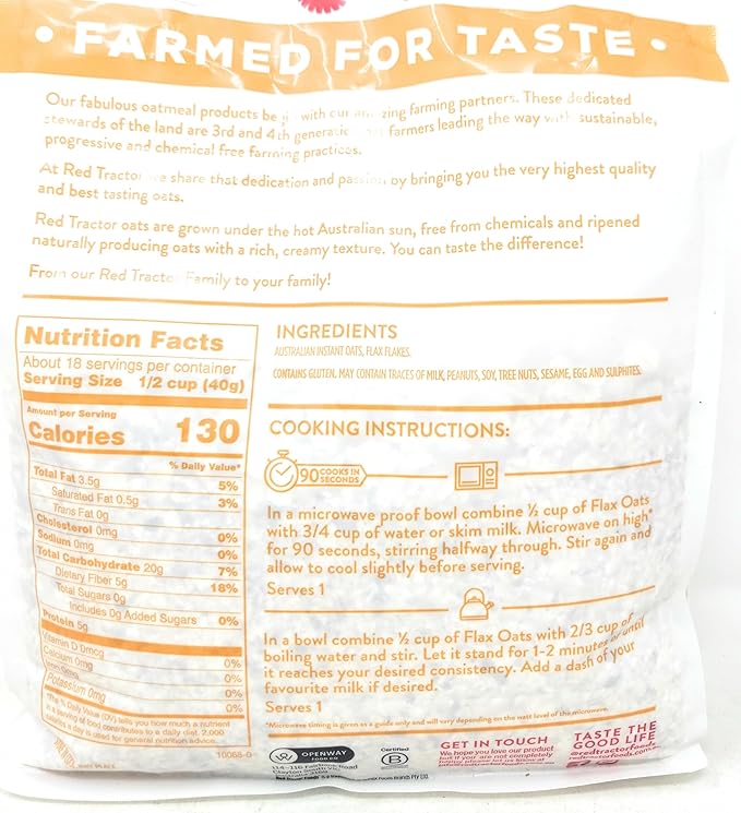 Red Tractor Australian Creamy Style Instant Oats with Flax Flakes Non-GMO 26 oz Wholegrain