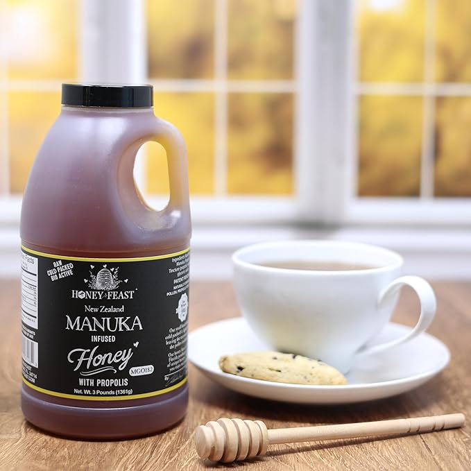 HONEY FEAST Manuka &amp Propolis Infused Honey 3 Pounds MGO 182 – New Zealand Manuka Blend with Propolis Patent-Pending Formula