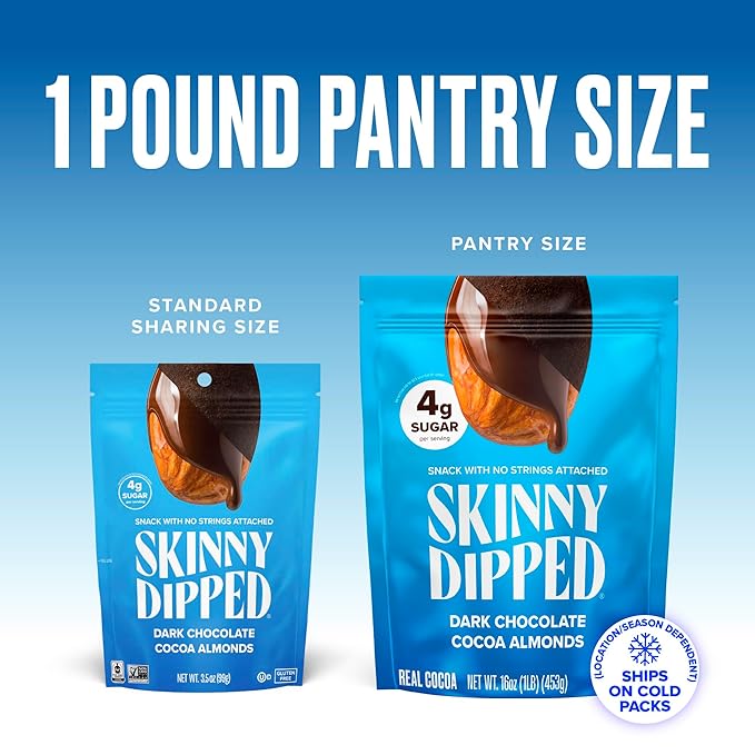 SkinnyDipped Dark Chocolate Cocoa Almonds 1lb Bag Healthy Snack Plant Protein Gluten Free Pack of 1