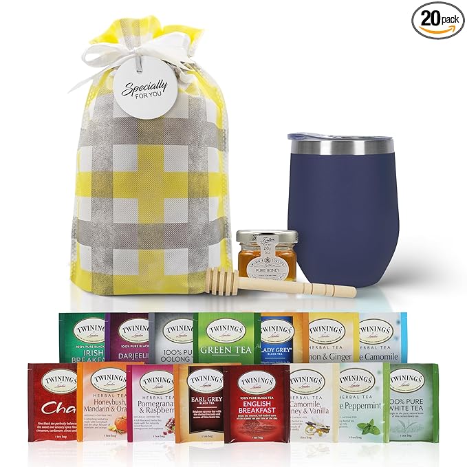 Tea Gift Set for Women &amp Men – Includes Assorted Teas Elegant Mug &amp Honey (Blue)