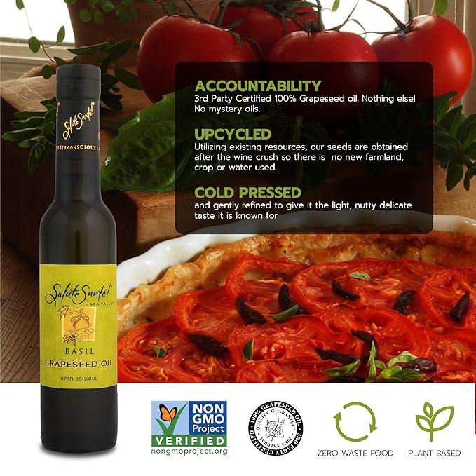 Salute Santé! Basil Infused Grapeseed Oil — vegetable oil cooking oil grapeseed oil — Light Basil Aroma Finishing &amp Marinades Sautéing and Roasting Gourmet kitchen essential for everyday cooki