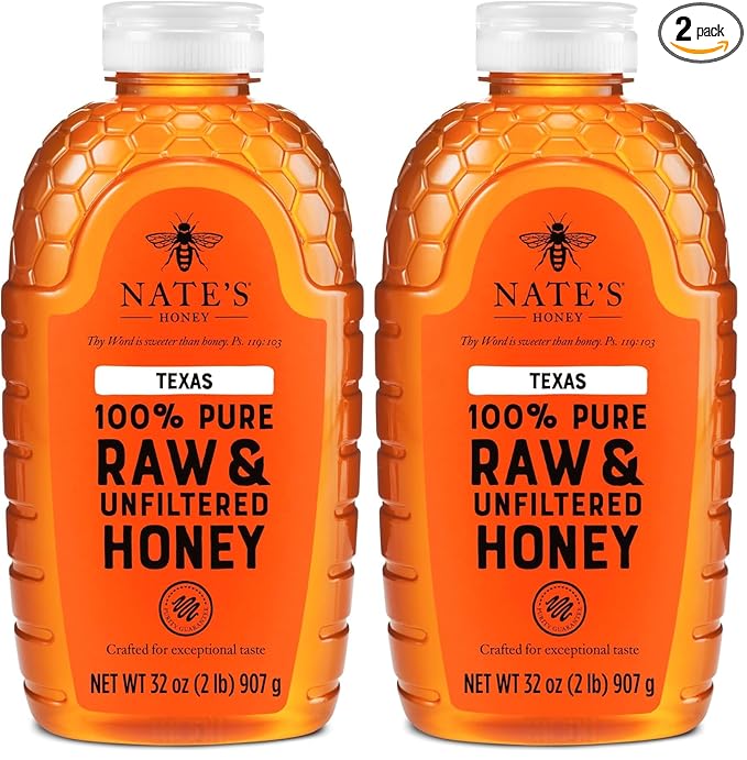Nate's Texas 100% Pure Raw &amp Unfiltered Honey - 32 oz. Squeeze Bottle - All-natural Sweetener (Pack of 2)