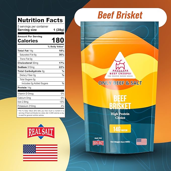 Phillips Beef Crisps - Fatty Brisket - Only Beef &amp Salt - Zero Carbs - Zero Sugar - High Protein Meat Snacks - 14g Protein