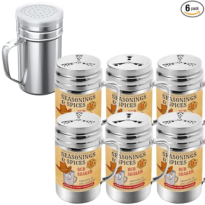 [6-pcs] 14 oz Seasonings Spice Shakers with Adjustable Fan-Style Lids and Handles + [1-pc] 14 oz Stainless Steel Salt Pepper Dredge Shaker with Plastic Cap and Handle Bundle