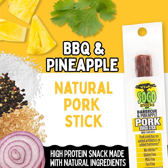 Barbecue and Pineapple Natural Pork Meat Sticks Sogo Snacks Smoked Meat Stick Travel Snacks Snack Bundle of 24 Mild Flavored Snack Sticks