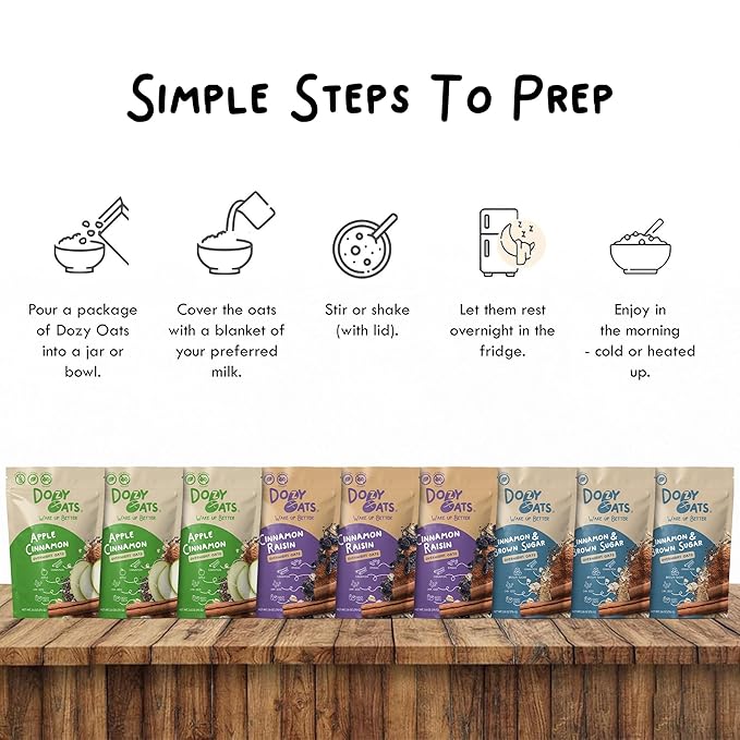 Dozy Oats Overnight Oatmeal Packets Cinnamon Oatalicious Variety Box with Rolled Oats Chia Seeds Date Powder and Dried Fruit. Gluten-Free Natural Source of Protein and Fiber 9-Pack and Jar