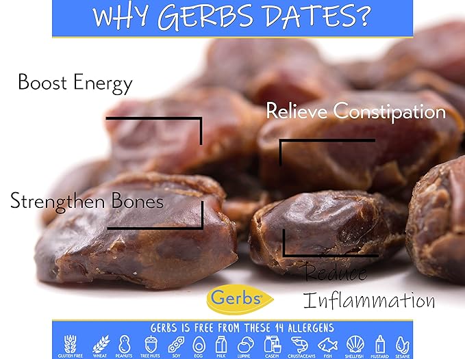 Gerbs Dried Araya Dates 2 lbs. | Unsulfured Pitted Resealable Bag | Naturally Sweet &amp Fiber-Rich | Top 14 Allergen-Free