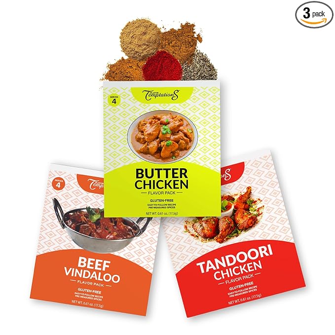 Butter Chicken Makhani Tandoori Chicken Beef Vindaloo Indian food spice kits by Flavor Temptations | Home Cook Authentic Indian Food | Organic Gluten Free No Sodium (3 Spice Kits)