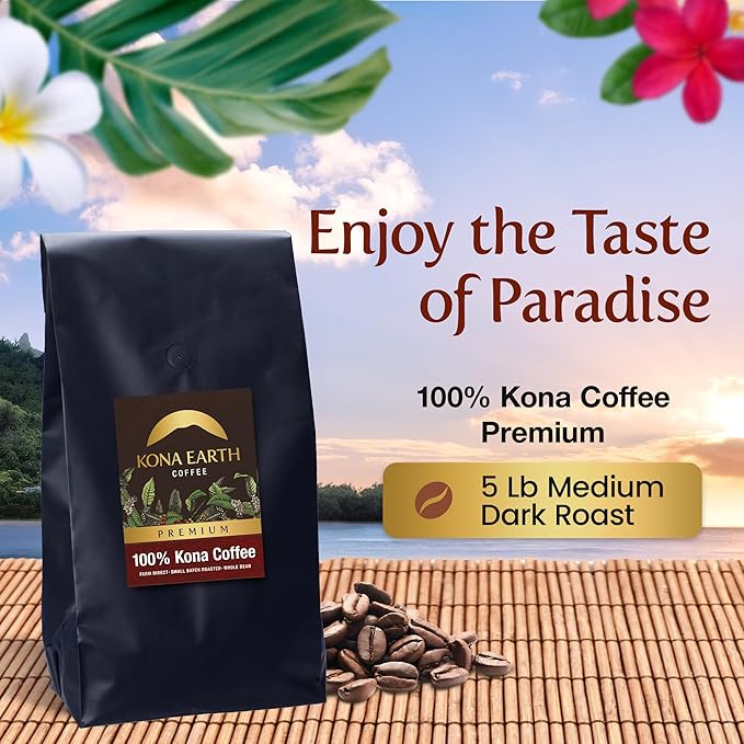 KONA EARTH 100% Kona Premium Coffee Medium Dark Roast Whole Bean 5 lb (80 oz) Farm-Direct Authentic Hawaiian Kona Coffee beans from Hawaii’s Big Island Micro-Batch-Roasted