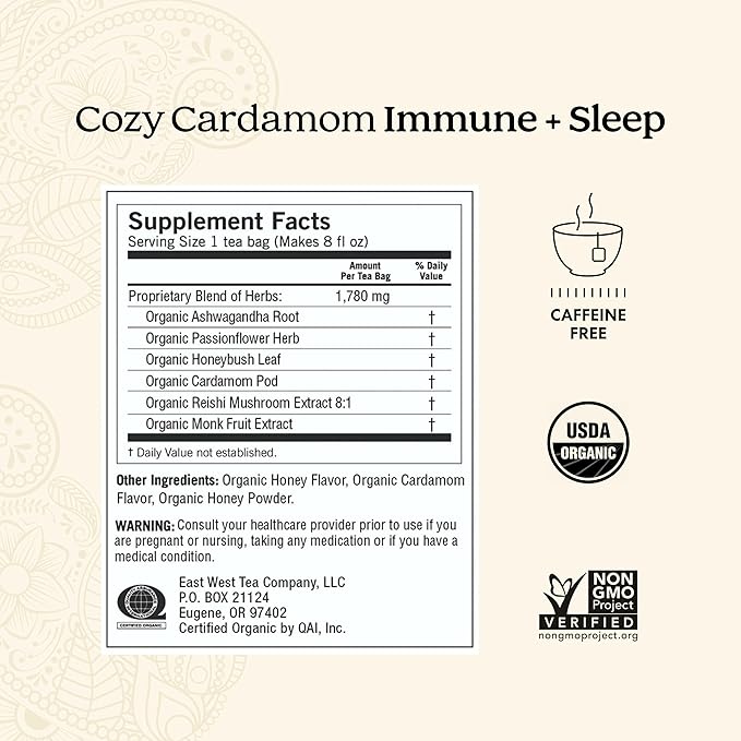 Yogi Tea Cozy Cardamom Immune &amp Sleep - Organic Herbal Tea for Immune System &amp Sleep Support - Includes Ashwagandha Passionflower Reishi &amp More - Caffeine-Free - 16 Tea Bags Per Pack (6