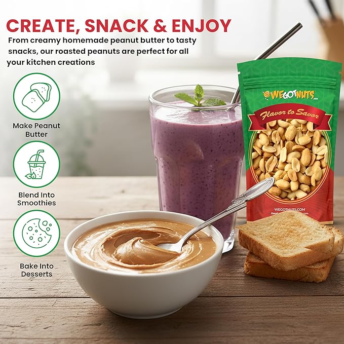 Roasted Unsalted Peanuts 5 Pounds (80oz) By We Got Nuts – Premium Quality Kosher Peanut – Healthy &amp Natural Rich Flavor Snack – Great For DIY Homemade Peanut Butter – Air-Tight Resealable Bag Pack