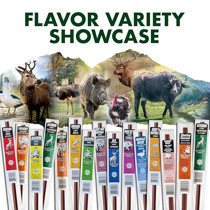 Buffalo Bob's Wild Game Meat Snacks (1oz Stick 15 Pack) Exotic Variety Assortment Sampler Gift for Men/Dad Stocking Stuffer Adventure Enthusiast