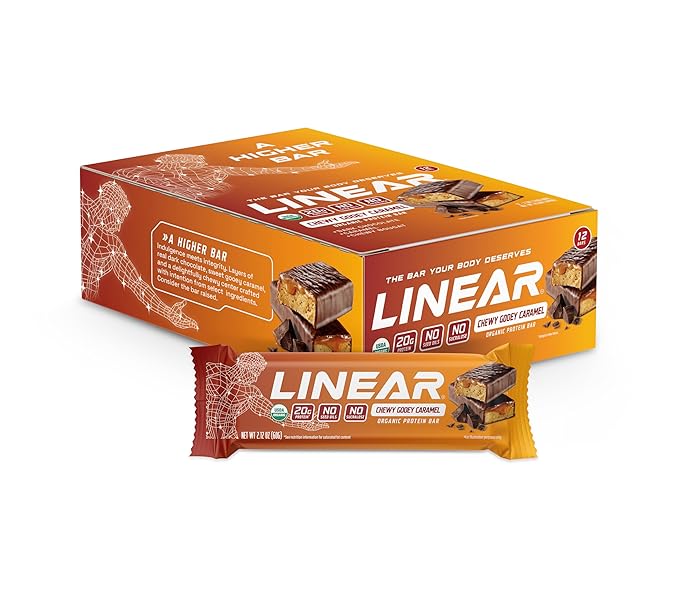 Linear Protein Bar Chewy Gooey Caramel 20g Organic Whey Protein 10g Fiber No Seed Oils No Sucralose USDA Certified Organic Ingredients Gluten Free Non-GMO Clean High Protein Snack Bar 12 Pac