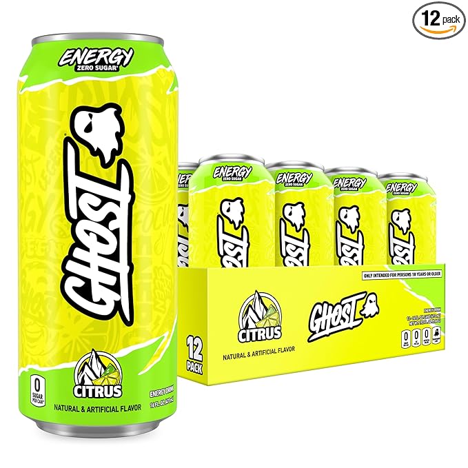 GHOST Energy Drink - 12-Pack Citrus 16oz Cans - Energy &amp Focus &amp No Artificial Colors - 200mg of Natural Caffeine L-Carnitine &amp Taurine - Gluten-Free &amp Vegan