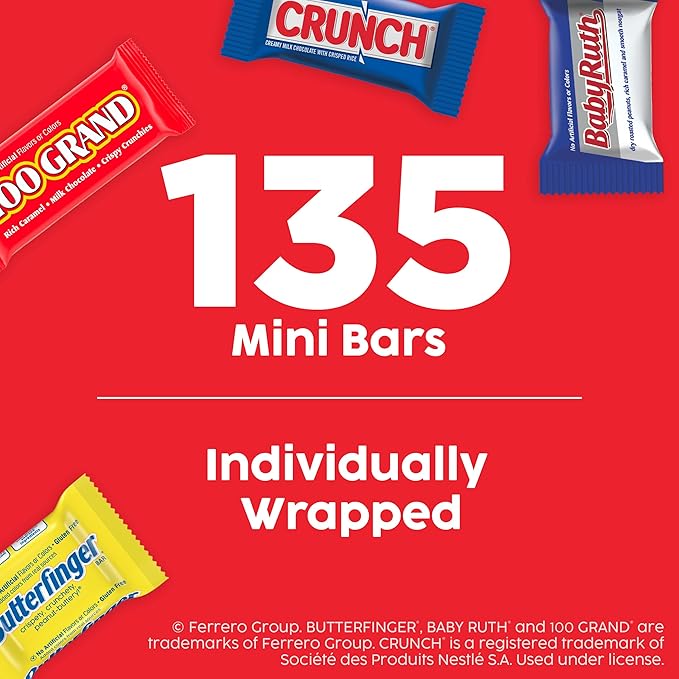 Assorted Butterfinger Crunch and Baby Ruth Mini Chocolates 135 count Party Pack 55.3 oz
