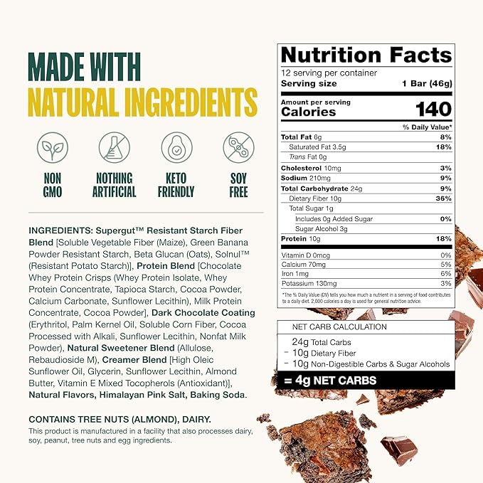 Supergut GLP-1 Boosting Prebiotic Bars Chocolate Brownie - Gut Healthy Protein Snacks &amp Breakfast Bars - Keto-Friendly Meal Replacement Energy Bars (12 Count)
