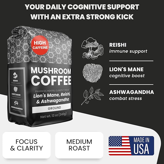 Moontower High-Caffeine Mushroom Coffee - Organic Lions Mane Reishi and Ashwagandha Adaptogen Mushroom Blend Nicaragua Arabica Beans - Boosted Energy Mental Clarity &amp Relaxation (12 oz)