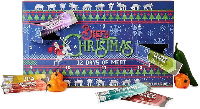 Man Crates 12 Days of Jerky Advent Calendar 2025 Featuring Ugly Christmas Sweater Artwork – Includes 12 Delicious Bites of Beef Jerky – Festive Flavors Like Habanero Maple Bourbon &amp More