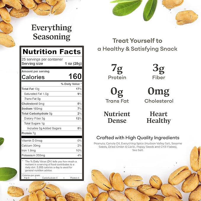 Belmont Peanuts Gourmet Everything Bagel Seasoning Flavored Virginia Peanuts 25 oz (Pack of 1) | Only 9 Simple Ingredients No Preservatives 7g Protein | Salty Peppery Crunchy Hand-Seasoned Snack