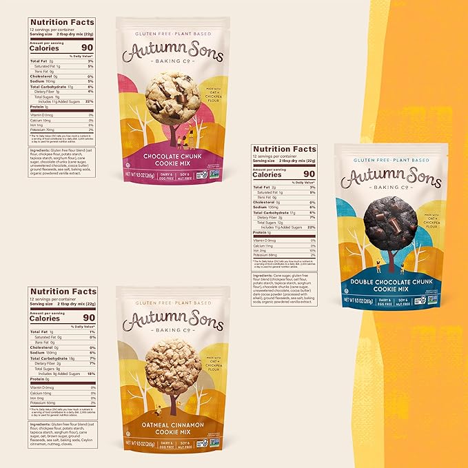 Autumn Sons Baking Co. Gluten Free Cookie Mix Variety Pack. Chocolate Chunk Double Chocolate Chunk &amp Oatmeal Cinnamon. Vegan Plant Based Baking Mix. Top 9 Allergen Free. 9.3 oz (Pack of 3)