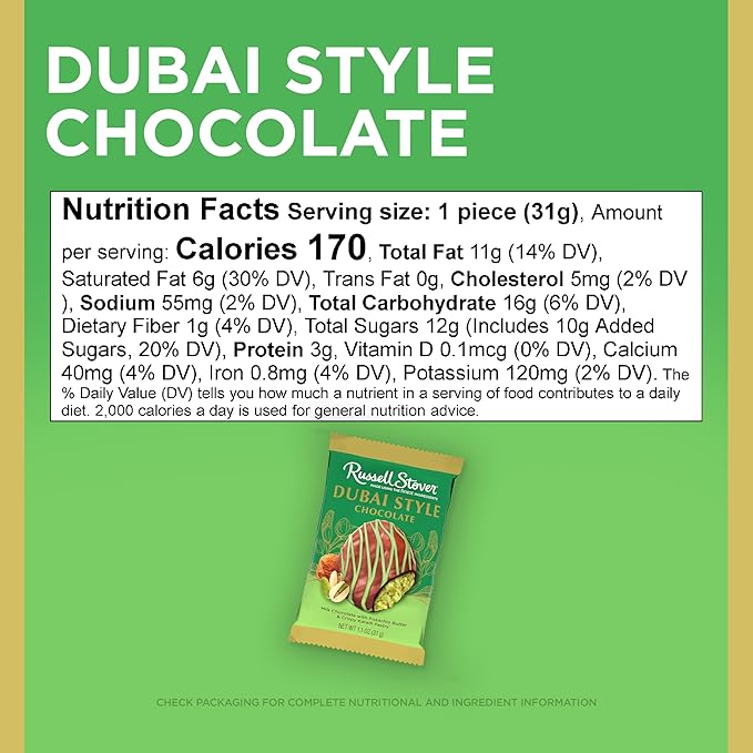 Russell Stover Dubai Style Pistachio &amp Kataifi In Milk Chocolate Candy Bar 1.1 Oz. (Pack of 18)