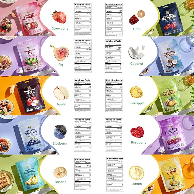 SUNGIVEN Mixed Freeze-Dried Fruit Variety Pack of 12 Bag Health Snack Freeze Dried Apple Banana Strawberry Blueberry Raspberry Coconut Mango Pineapple No Sugar Added 10.2 oz
