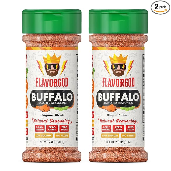 Buffalo Seasoning Mix 2 Bottles by Flavor God - Premium All Natural &amp Healthy Spice Blend for Grilling Chicken Beef Seafood Vegetables Hot Wings French Fries &amp Cauliflower - Kosher Glut
