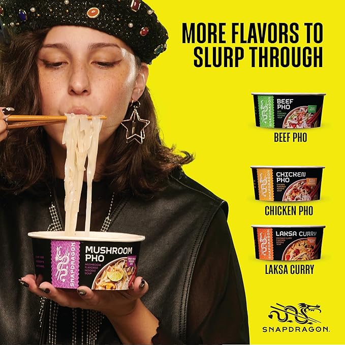 Snapdragon Mushroom Pho Instant Noodle Bowls | Mushroom Flavor Broth with Rice Noodles | Gluten Free | No Artificial Flavors | No MSG Added | 2.1 oz (6 Pack)