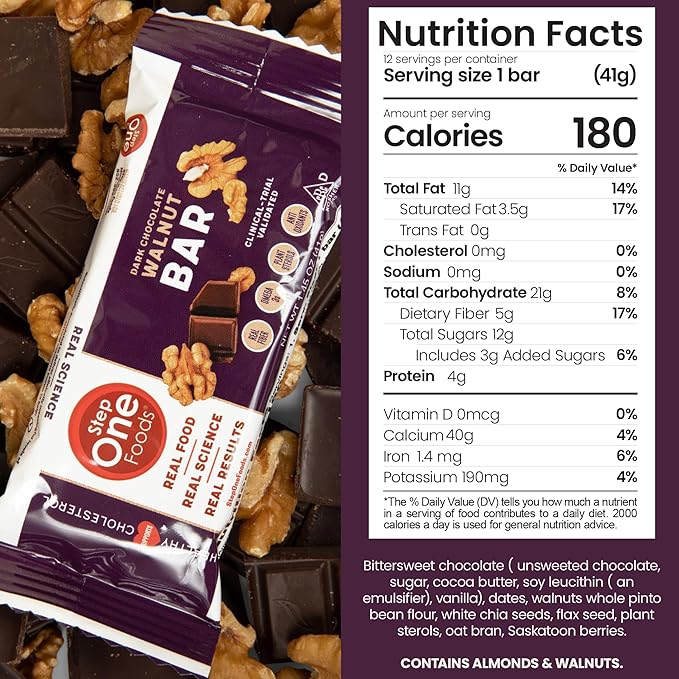 Step One Foods Dark Chocolate Walnut Bars Omega 3's and Dietary Fiber Gluten Free Non-GMO Vegan Clinically Proven to help Lower Cholesterol (12 Pack)