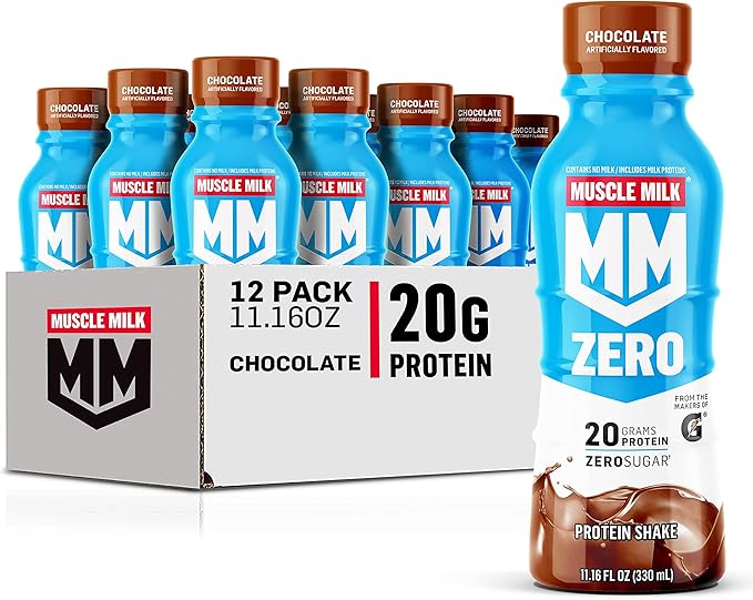 Muscle Milk Zero Protein Shake Chocolate 20g Protein Zero Sugar 100 Calories Calcium Vitamins A C &amp D 4g Fiber Energizing Snack Workout Recovery Packaging May Vary (12 Pack) and Quest N